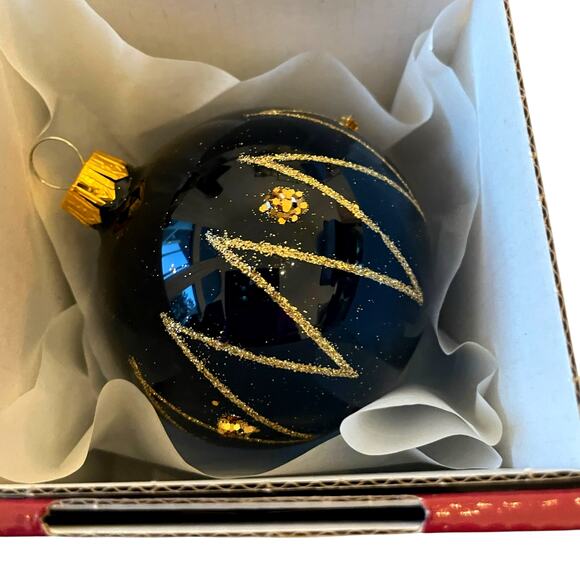 VITBIS Handcrafted Glass Ornaments Set of 6 Navy Blue & Gold Made in Poland NEW - Picture 4 of 16